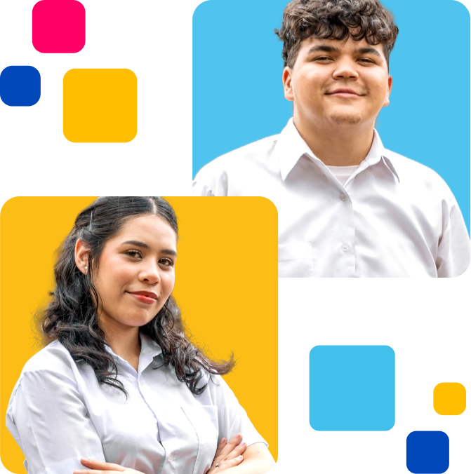 Dos chicos adolescentes con uniformes escolares color bordó mirando un smartphone con un fondo naranja, y un chico con el mismo uniforme sonriendo mientras sostiene un smartphone con un fondo azul.